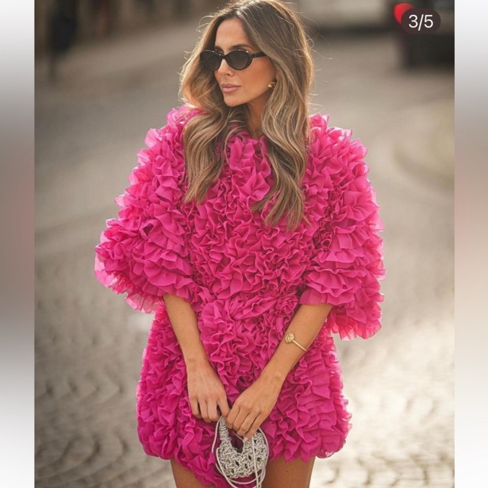 ZARA LIMITED EDITION FUCHSIA RUFFLE COAT KNIT DRESS